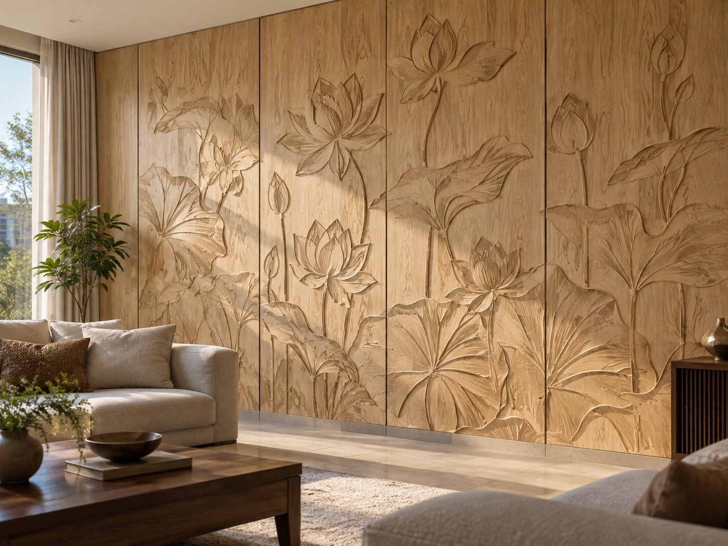 Dimensional CNC carved wall panel in a home interior