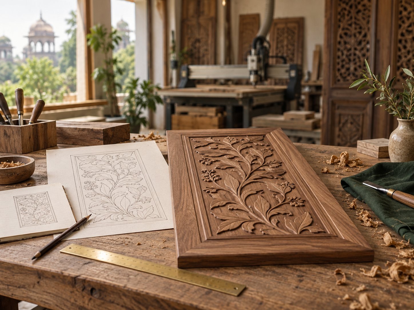 Custom carved wooden door used as an example of a made-to-measure CNC design