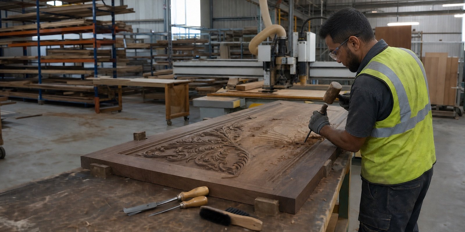 Factory craftsman hand-finishing an in-progress carved solid-wood door