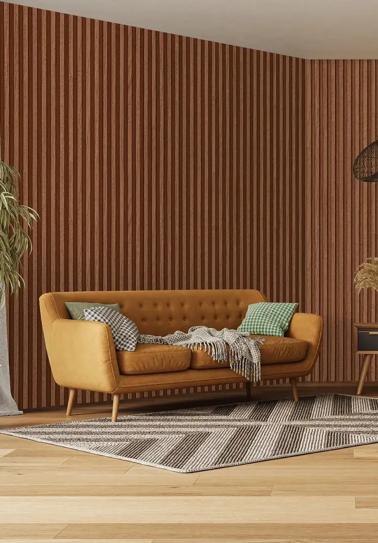 Warm louvered timber wall in a living room