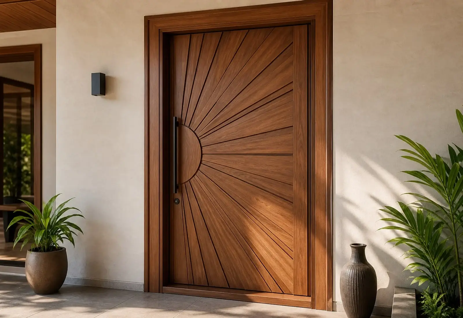 Sunburst carved wooden entrance door