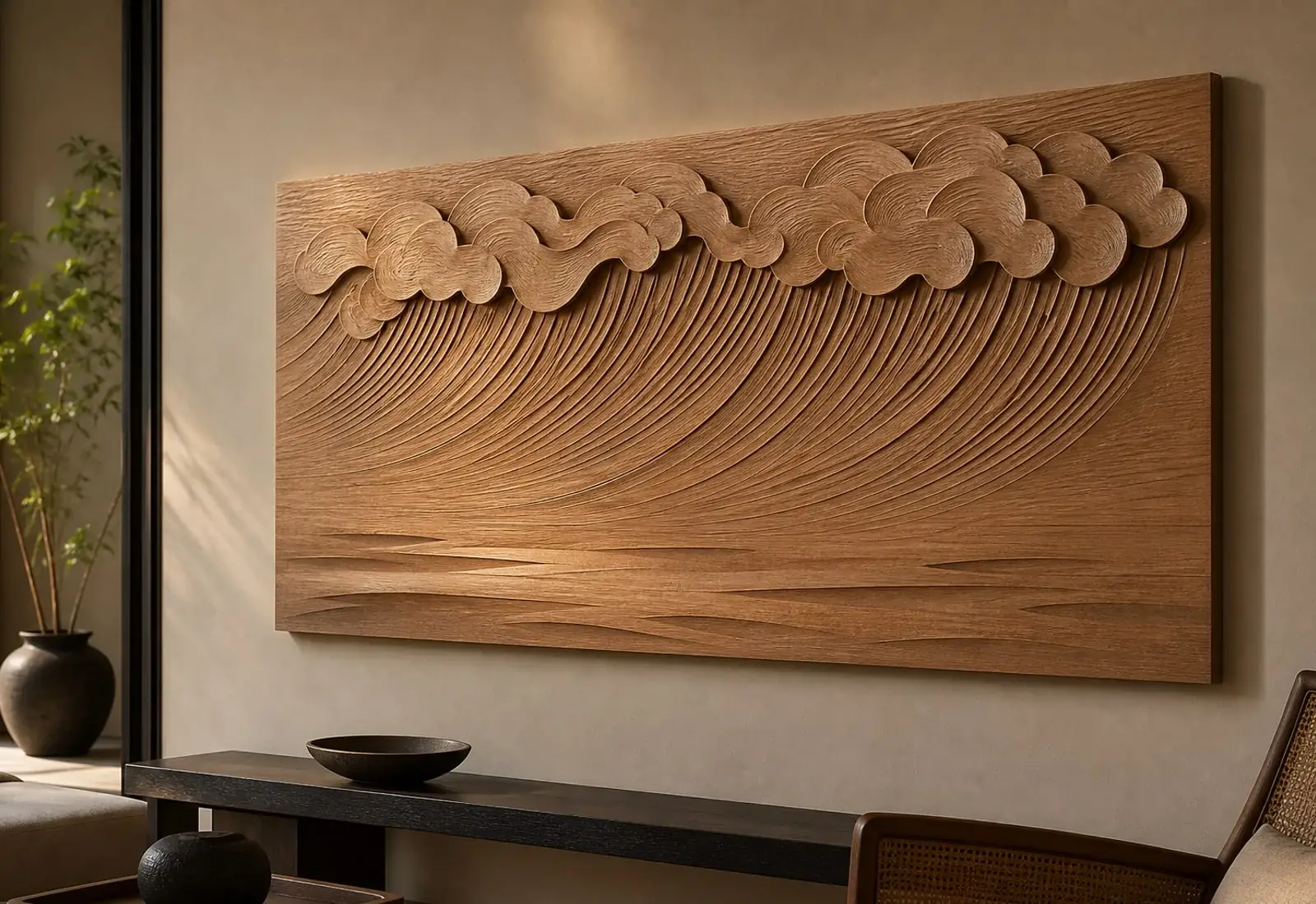 Monsoon — Rain arcs over carved cloud forms