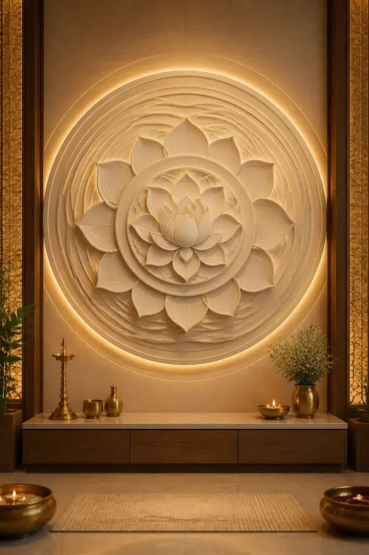 Illuminated lotus relief for a sacred interior