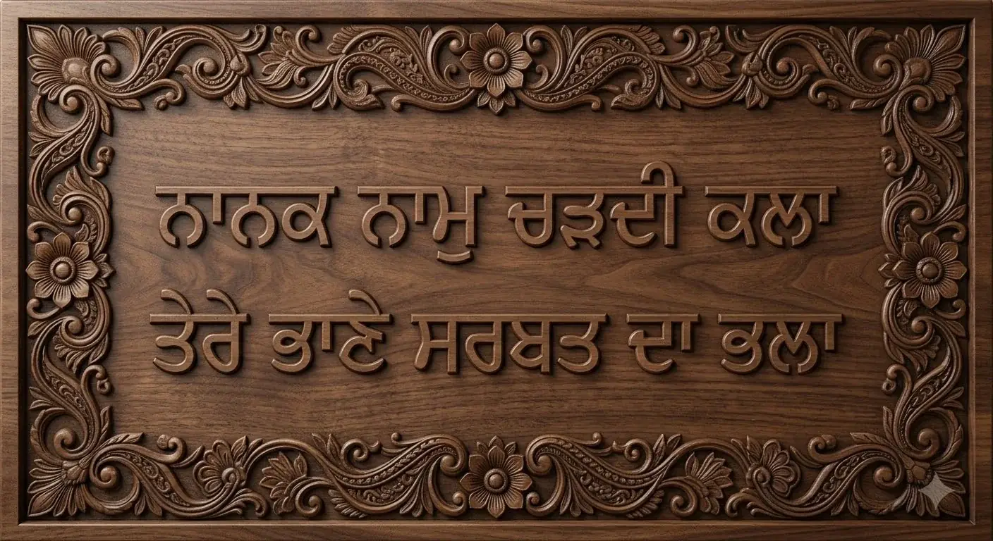 Floral Gurmukhi Verse Plaque — Floral-border Gurmukhi inscription plaque