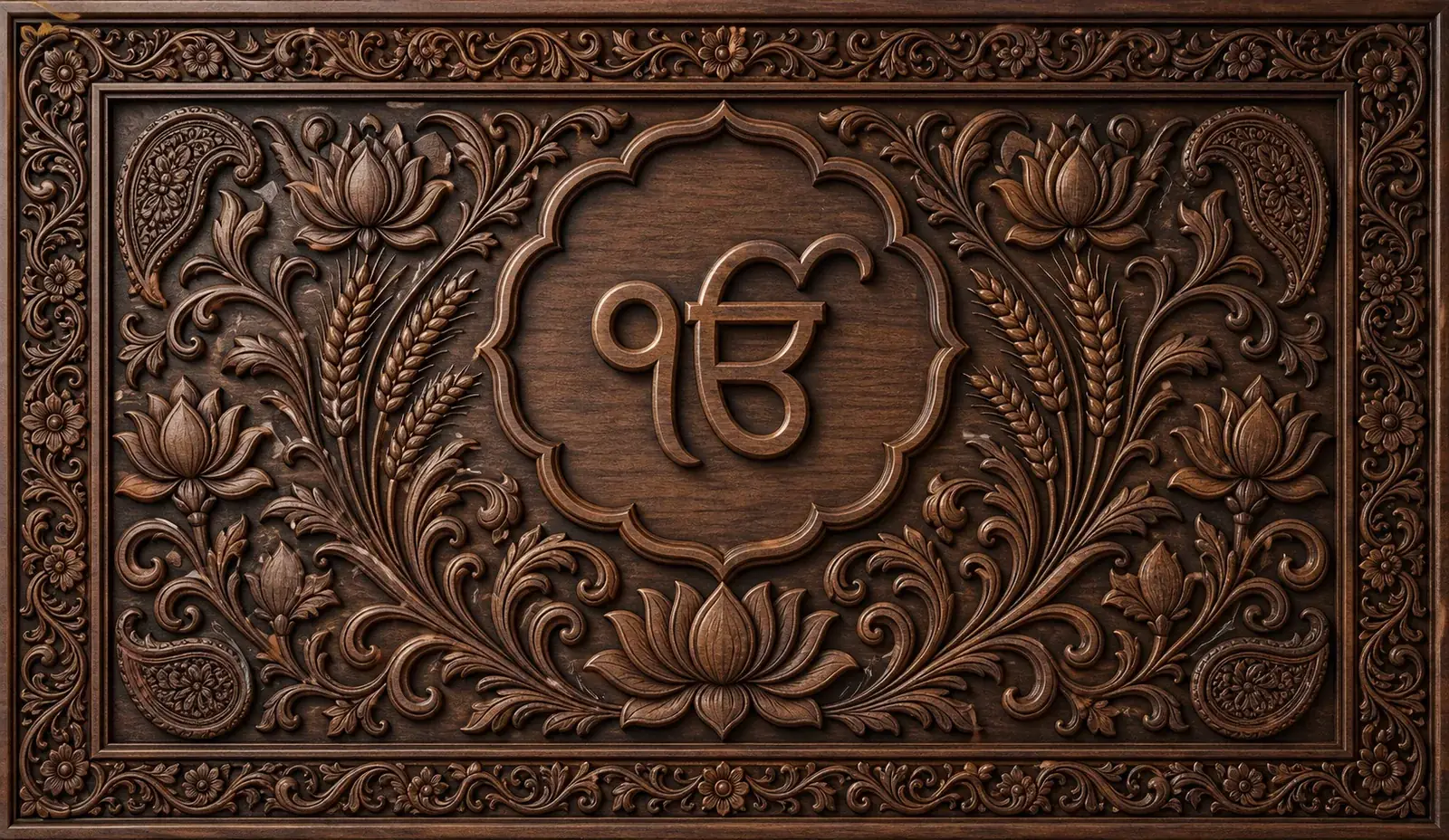 Ik Onkar Lotus Plaque — Ik Onkar medallion with lotus, wheat and paisley relief