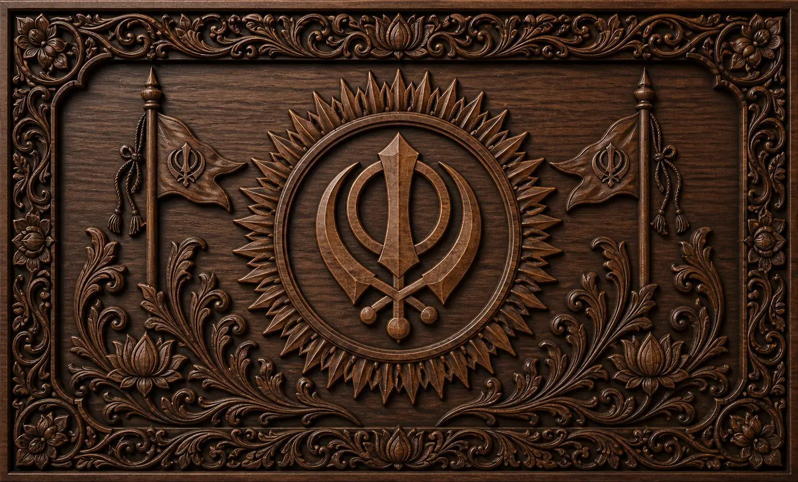 Khanda and Nishan Sahib Plaque — Khanda sunburst with balanced Nishan Sahib flags