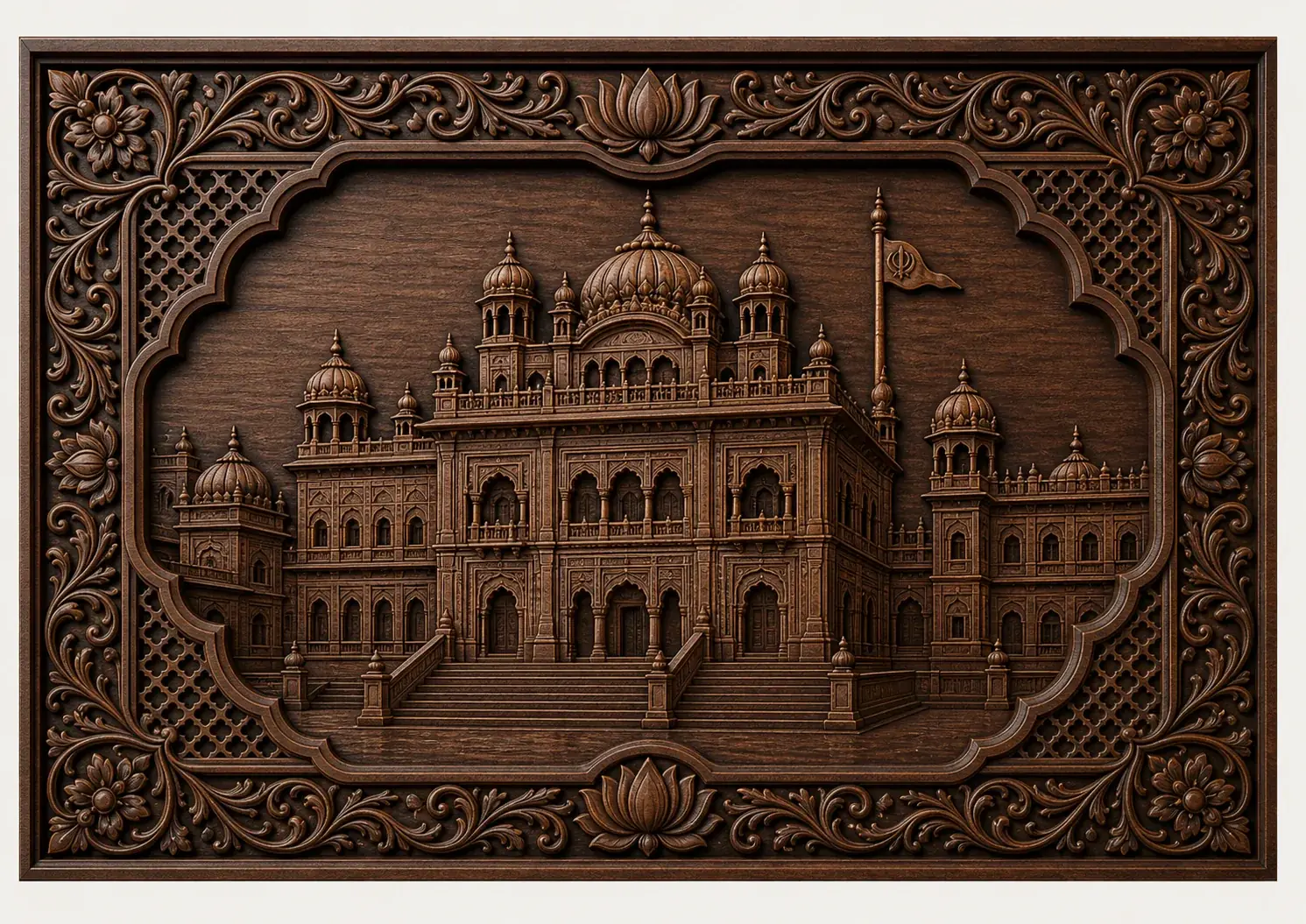 Akal Takht Heritage Plaque — Architectural relief of the Akal Takht with formal framing