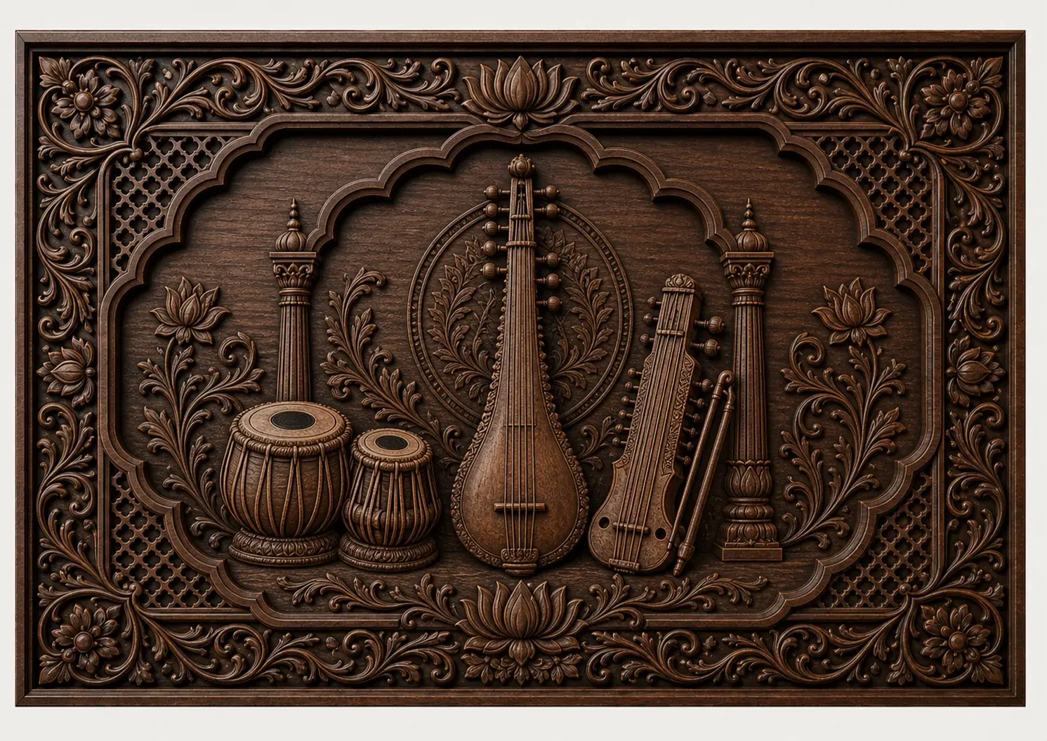 Sikh Devotional Instruments — Rabab, tabla and traditional musical forms in carved relief