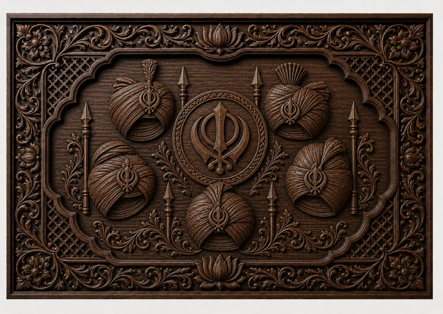 Panj Pyare Symbolic Plaque — Five turban forms arranged around a central Khanda