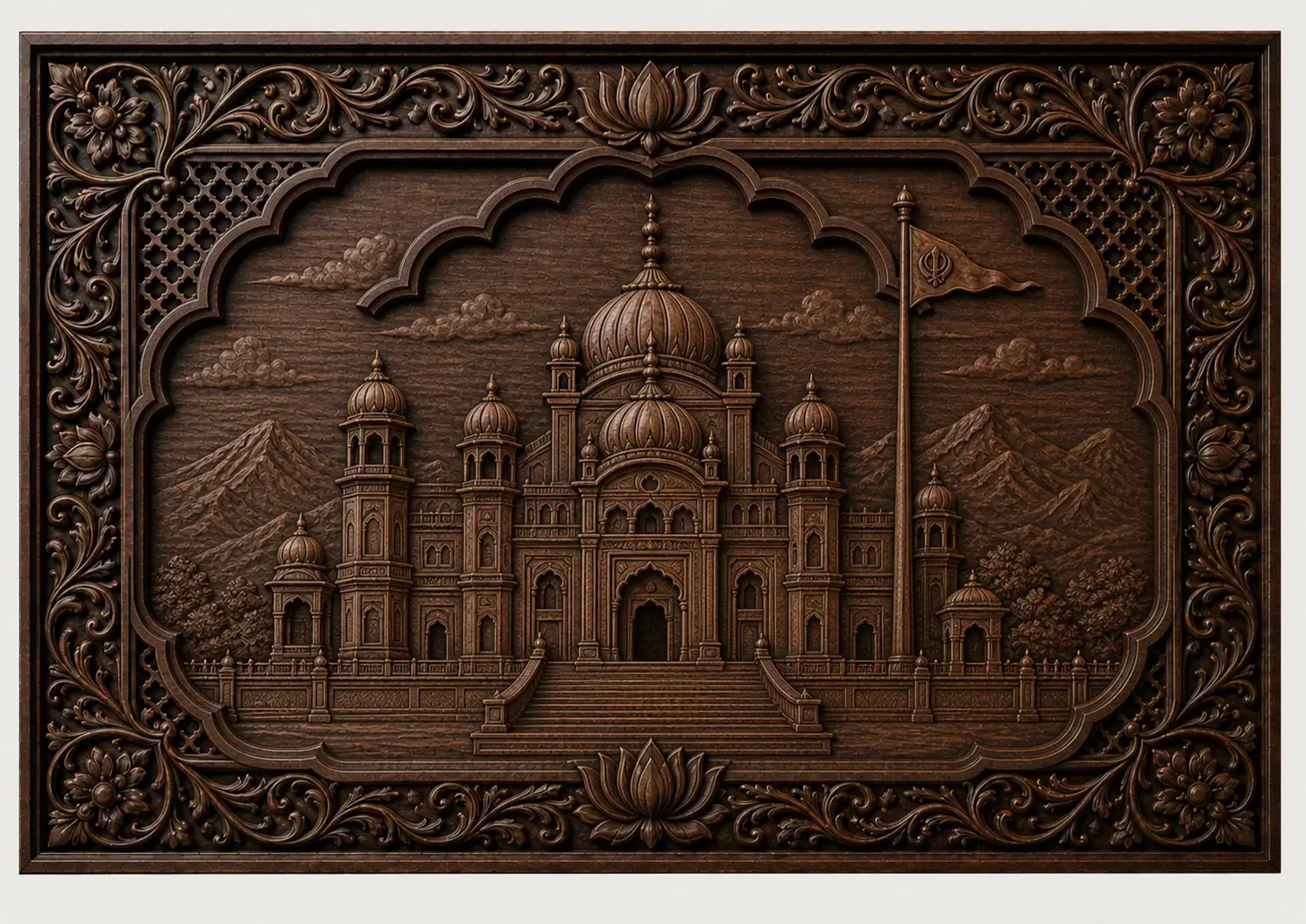 Takht Sri Kesgarh Sahib — Architectural relief inspired by the Anandpur Sahib takht