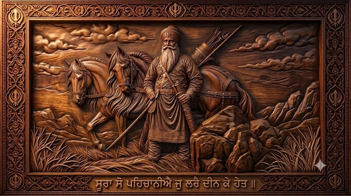 Sikh Warrior and Twin Horses Relief — Historic Sikh warrior composition with twin horses, spear and Khanda border