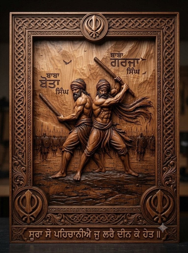Baba Bota Singh and Baba Garja Singh Relief — Portrait-format heritage scene with carved figures, staffs and Khanda framing