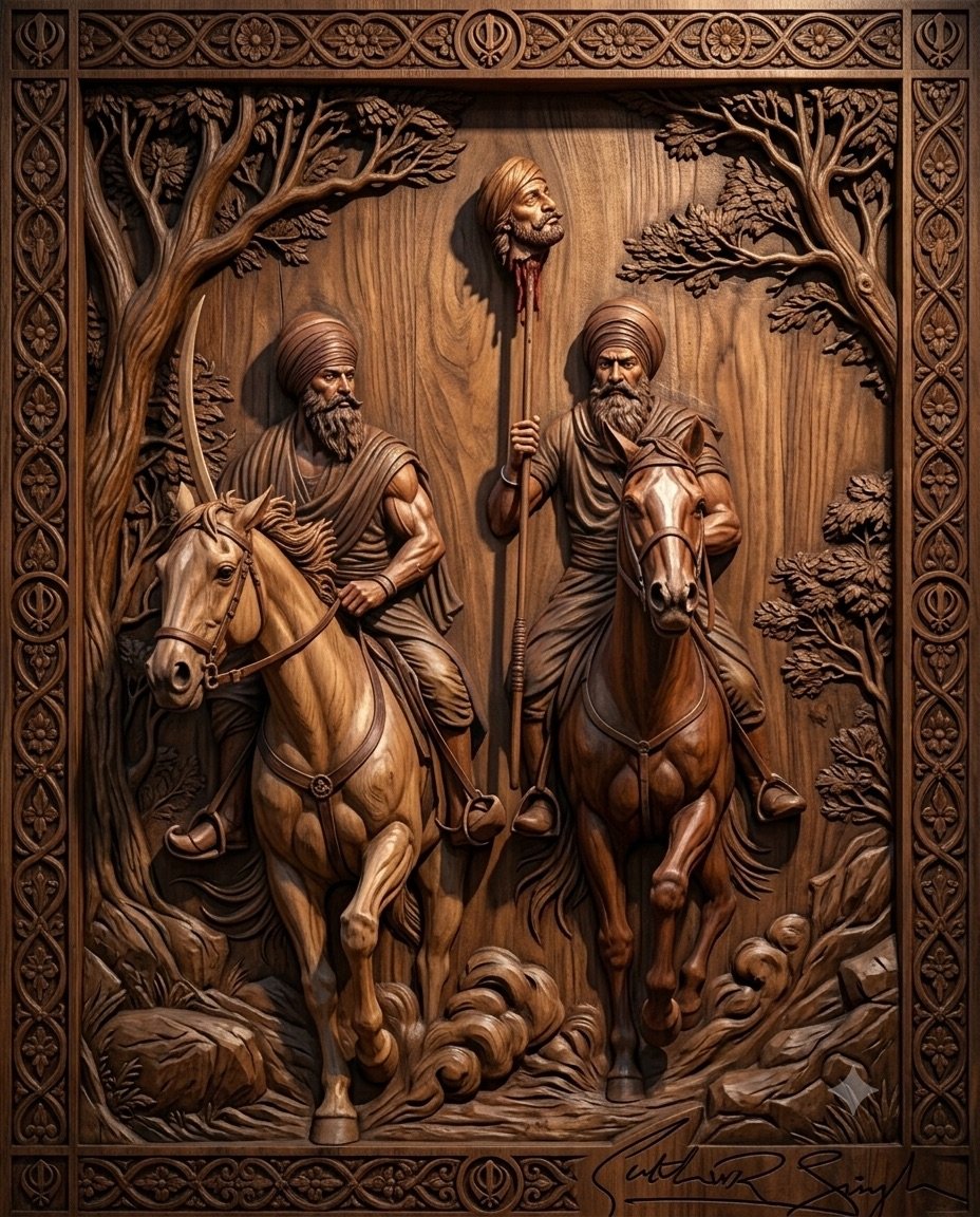 Sikh Cavalry Heritage Relief — Deep-relief mounted Sikh warrior composition with woodland border