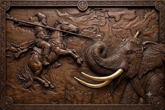 Sikh Cavalry and Elephant Battle Relief — Landscape battle composition with mounted warrior, elephant and carved heritage frame