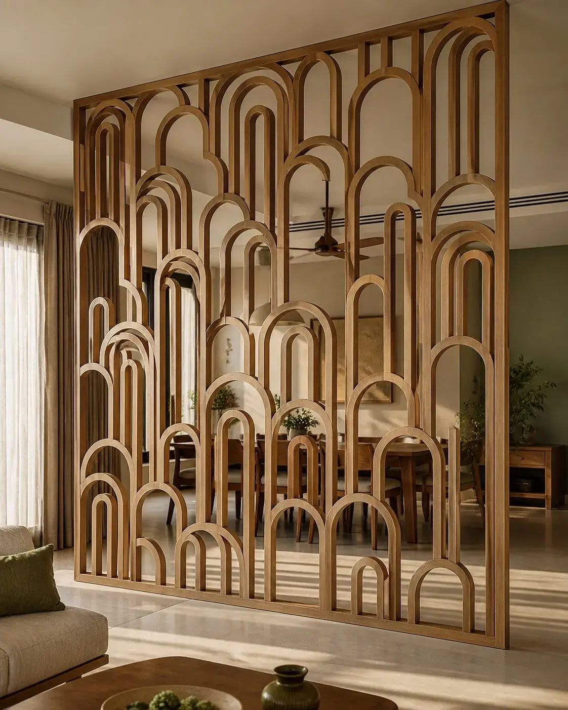 Carved jali screen with light passing through