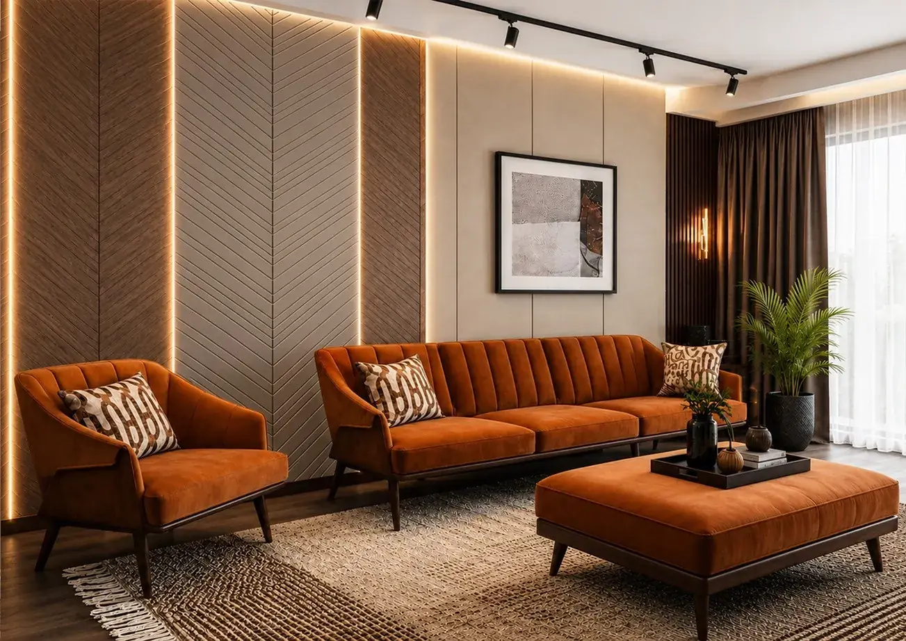 Bright dimensional timber wall in a living room